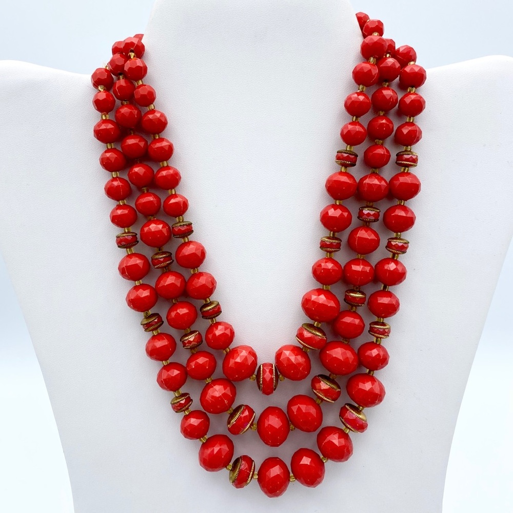 Vintage Germany Stamped Red Bead Multi Strand Nckl - Picture 8 of 14